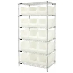 This wire stationary bin shelving unit includes 15 clear polypropylene open-front bins in a hang-and-stack style. The steel frame has a silver finish and measures 36 in x 24 in x 74 in. Each bin is 10 in x 11 in x 23-7/8 in. Suitable for organizing small parts and components in warehouses, manufacturing facilities, and maintenance shops.