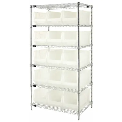 QUANTUM STORAGE SYSTEMS Bin Shelving: 36 in x 24 in x 74 in, 1 Sided, 15 Bins, Open - Wire Stationary Bin Shelving with Open-Front Bins