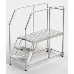 This rolling single-access platform features a fixed 2.5 ft platform height with a 24 in x 49 in aluminum deck. It includes handrails for safety, supports up to 300 lb, and is designed for indoor use. The tilt-and-move mechanism allows easy repositioning without folding.
