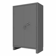 This industrial shelf cabinet is constructed of welded steel with a gray powder-coated finish. It features a recessed swing handle and electronic keypad for secure access, and includes four adjustable shelves and legs. The cabinet measures 48 1/4 in wide by 24 1/4 in deep by 78 in high. Suitable for storage of tools, parts, and equipment in warehouses, factories, and maintenance facilities.