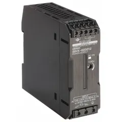Single-phase DIN Rail mount DC power supply with plastic housing. Accepts 100 to 240 V AC input and delivers a rated output of 30 W at 2.5 A. Suitable for powering industrial control panels, automation systems, sensors, PLCs, relays, and small machinery.