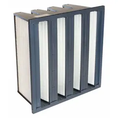 MERV 14 V-bank air filter with fiberglass media and plastic frame. Measures 24 x 24 x 12 inches, single header, 4 Vs configuration. Designed for high-efficiency dirt removal in commercial and industrial HVAC systems.