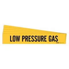 Yellow adhesive pipe marker with black legend text for identifying low-pressure gas lines. Fits pipe outer diameters from 2-1/2 to 7-7/8 inches. Pack of 5 markers, each for one pipe, without directional arrows. Used in industrial and commercial piping systems for clear identification.
