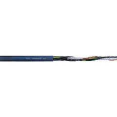 Continuous flexing control cable from the Chainflex CF9 series with 25 conductors of 16 AWG single copper wire, black with white numbers, and a TPR jacket. Rated 300 V, includes ground conductor, coolant resistant, and CE certified. Suitable for automated machinery, robotics, and cable carrier applications requiring repeated bending.