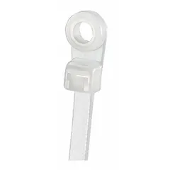 Natural nylon screw mount cable tie with #4 mounting hole for permanent attachment to flat surfaces. 0.1 in width, 4 1/2 in length, secures bundles up to 3/4 in diameter. Suitable for organizing wires in control panels and equipment enclosures.