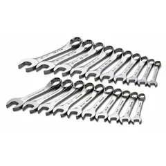 This 20-piece combination wrench set includes SAE and Metric 12-point wrenches ranging from 3/8 in to 15/16 in. Made of alloy steel with a chrome finish, the wrenches feature a 15° head offset angle for improved access to fasteners in confined spaces. The set is suitable for tightening and loosening bolts in automotive repair, industrial maintenance, and mechanical assembly, and comes with a storage rack.