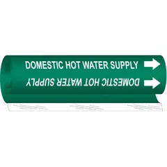 Green wrap-around pipe marker with white legend reading 'Domestic Hot Water Supply' and directional arrows. Fits pipe outer diameters from 2-1/2 to 7-7/8 inches. Used to identify domestic hot water supply lines in facility piping systems.