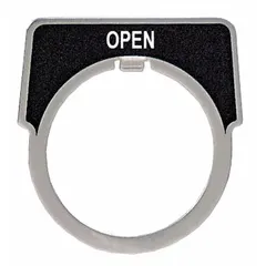 Half-round legend plate for 30 mm panel mounting, made of metallic aluminum with a silver finish and black notch. Overall height 1 3/4 in, width 1 5/8 in. Provides English legend for push-button identification in industrial control panels.
