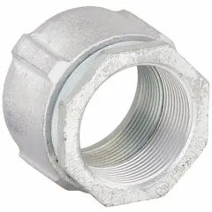 This three-piece threaded coupling is made of iron and designed for joining IMC conduit in electrical raceway systems. With a 3-inch trade size and 3 3/8-inch overall length, it provides a secure threaded connection for end-to-end conduit runs in industrial and commercial wiring installations.