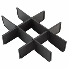 This drawer divider kit includes six small dividers made of black plastic. It is designed for use with PACKOUT drawer systems to create custom compartments for organizing small parts and tools. The dividers help prevent items from shifting during transport, making them suitable for job sites, workshops, and mobile storage applications.