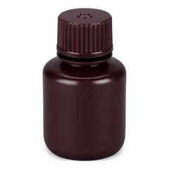 High-density polyethylene (HDPE) narrow mouth round bottle with a 30 mL (1 fl oz) capacity. Amber body provides UV light protection for light-sensitive contents. Includes a 20 mm screw closure, packaged separately. Unlined and not pre-cleaned. Suitable for general laboratory storage and dispensing of liquids.