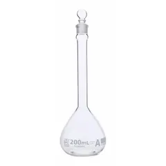 Colorless glass volumetric flask with 200 mL capacity, Class A accuracy, and 0.10 mL tolerance. Meets USP Type I specifications. Includes closure and is compatible with stopper size 16. Used for precise liquid measurement and dilution in analytical chemistry and pharmaceutical labs.