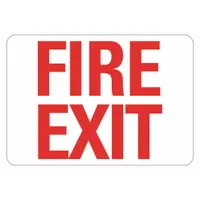 This fire exit sign is designed for marking emergency exits in commercial and industrial facilities. It features a glow-in-the-dark finish for visibility during power outages and includes mounting holes for easy installation. The sign measures 7 inches by 10 inches and is not retroreflective