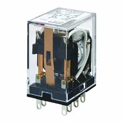 Socket-mounted latching relay with DPDT contact configuration, rated 3 A at 220V AC resistive load and 100V AC coil voltage. Square base with flat pins and plug-in connection. Used in industrial control panels and automation systems for maintaining contact position after coil power is removed.