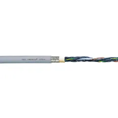 This CHAINFLEX CF78-UL control cable is designed for continuous flexing applications in cable carriers, automated machinery, and robotics. It features 4 copper conductors (16 AWG) with a ground, black with white number coding, and a notch-resistant PUR jacket. Rated for 1000 V, it meets CE standards and has minimum bend radius factors of 4 x OD (fixed), 5 x OD (flexible), and 6.8 x OD (e-chain).
