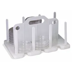 This polypropylene Petri dish rack is designed for benchtop use in laboratory settings. It features 6 compartments with a total holding capacity of 42 Petri dishes, providing organized storage and easy access during experiments or sample preparation.