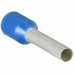 Insulated ferrule for terminating stranded wire into terminal blocks or clamp connectors. Holds 1 wire, blue polypropylene insulation, 0.1 in ferrule diameter. Prevents fraying and ensures secure connections in control panels and power distribution.