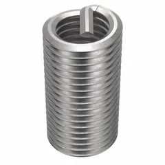Screw-locking tanged helical insert for repairing or reinforcing threads in metal components. Features 5/16"-24 fine thread, plain finish, 18-8 stainless steel, and tensile strength of 200,000 to 250,000 psi. Suitable for use in aluminum, cast iron, or steel to prevent thread stripping under high loads. Pack of 100.