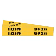 Yellow adhesive pipe marker with black 'Floor Drain' legend. Fits pipes with outer diameter 3/4 to 2-3/8 inches. Pack includes 4 markers, no arrows. Used to identify floor drain pipes in industrial and commercial facilities for maintenance and safety.
