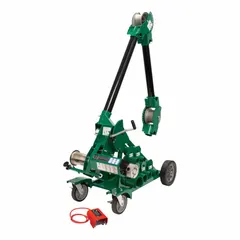 Wheeled cable puller for pulling heavy cables through conduit or trays in commercial and industrial settings. Delivers 10,000 lbf maximum force and 6,500 lbf continuous force. Operates on 120V AC power.