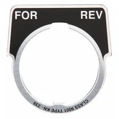 Half-round legend plate for push-button stations, made of aluminum with a metallic silver finish and black notch. Marked 'For-Rev' in English. Overall height 1 3/4 in, width 1 5/8 in. For 30 mm panel mounting.