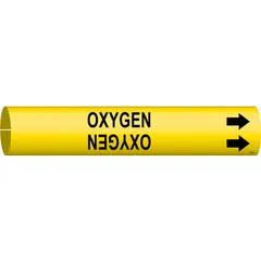 Snap-on pipe marker for identifying oxygen lines. Yellow background with black legend and directional arrows. Fits pipe outer diameters from 3/4 to 1-3/8 inches. Suitable for use in industrial piping systems where clear identification of oxygen service is required.