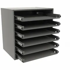 This gray cabinet frame accommodates six drawers and features a bearing system for smooth operation. It is stackable for modular storage expansion. Typical applications include organizing small parts, tools, or hardware in workshops and assembly lines.