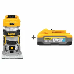 This cordless compact router features a fixed base and a brushless motor delivering 1.25 hp. It includes one 5.0 Ah battery and operates on the 20V MAX* system. Suitable for trimming, chamfering, and flush-trimming edges on wood, laminate, and composite materials in cabinetry, furniture building, and general construction.