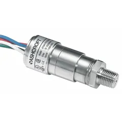 Piston-actuated miniature pressure switch with 1NO/1NC contact configuration. Pressure range 750 psi to 7,500 psi. 1/4" MNPT pressure connection. 3-18 AWG PVC insulated 12" wire leads. Used for high-pressure monitoring and control in hydraulic and pneumatic systems.
