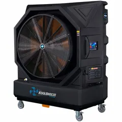 This portable evaporative cooler operates on 220V AC with a 6-20P plug and delivers 18,835 cfm of airflow. It is suited for cooling large open areas such as warehouses, factories, and outdoor venues.