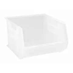 This clear plastic bin is designed for organizing and storing small to medium parts in warehouses, workshops, and industrial facilities. It includes a label holder for quick visual identification of contents. The bin is not electrostatic discharge conductive and contains 0% recycled content.