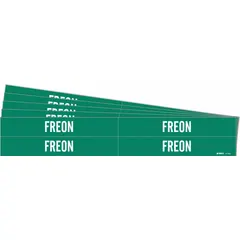 Green adhesive pipe marker with white 'Freon™' legend for identifying refrigerant lines. Fits pipe outer diameters from 3/4 to 2-3/8 inches. Pack includes 4 markers without directional arrows, supplied in a 5-pack configuration. Suitable for use in HVAC and refrigeration systems to indicate pipe contents.