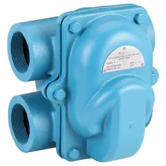 Cast iron H-pattern float and thermostatic steam trap with 2-inch FNPT connection. Rated for 5,000 lb/hr maximum capacity and 75 psi maximum operating pressure. Stainless steel float. Designed for horizontal installation. Used to automatically drain condensate from steam lines in industrial heating processes, steam mains, and heat exchangers.