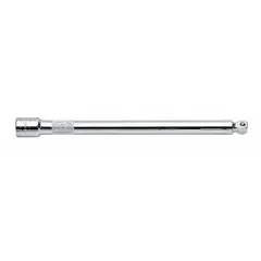 This flex and wobble hand socket extension features a 1/2 in output drive size and a chrome finish. It is designed to access fasteners in tight or offset positions where a rigid straight extension cannot reach. Commonly used in automotive repair, machinery maintenance, and industrial assembly.