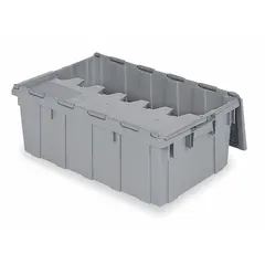 This 17-gallon plastic tote features a two-piece attached lid in gray. Its stacking capability allows secure vertical storage in warehouses, manufacturing floors, and logistics operations for parts, components, and materials.