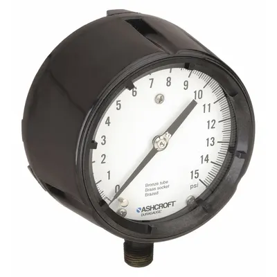 ASHCROFT Process Pressure Gauge: 0 psi to 15 psi - Brass/Bronze Wetted Parts & Plastic Casing