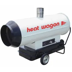 Wheel-mounted indirect-fired torpedo heater for temporary heating of large indoor or outdoor spaces up to 13,000 sq ft. Features LED diagnostics and a 35.7-gallon tank providing up to 16 hours of operation per filling. Dimensions: 38 in x 69 in x 69 in (H x L x D).