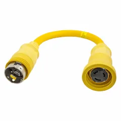 This twist-lock plug extension cord adapter is 2 ft long with 6 AWG wire in a yellow jacket. Rated 50 A maximum current at 120V AC, it operates in temperatures from -40° to 75°F. Suitable for connecting equipment in industrial or marine environments requiring a secure locking connection.