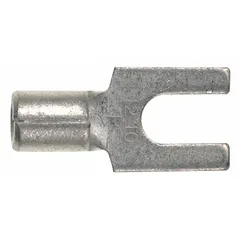 Non-insulated fork terminal for #8 stud size, accepting 18 AWG to 14 AWG wire. Rated for 2000 V. Suitable for terminating wires in industrial control panels, electrical distribution, and equipment grounding where a secure, removable connection is required.