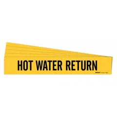 Yellow adhesive pipe marker with black legend reading 'Hot Water Return'. Designed for pipe outer diameters from 2-1/2 to 7-7/8 inches. Each pack contains 5 markers without directional arrows. Used to identify hot water return piping in facility systems.