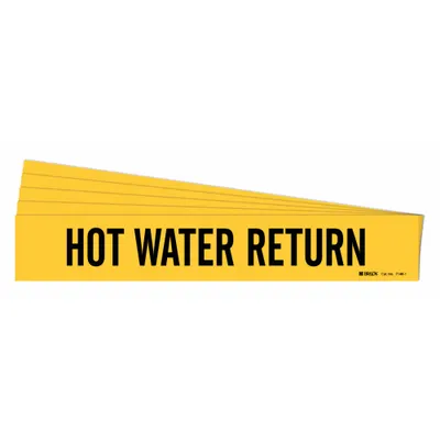 BRADY Pipe Marker: Hot Water Return, Yellow, Black, Fits 2 1/2 to 7 7/8 in Pipe O.D. - Hot Water Return Adhesive Pipe Markers