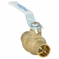 This two-piece brass ball valve features a straight pattern with sweat x sweat connections for copper pipe installation. The locking lever handle provides secure on/off flow control and tamper resistance. Suitable for plumbing, HVAC, and industrial piping systems requiring manual shut-off.