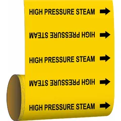 Yellow adhesive pipe marker with black legend reading 'High Pressure Steam' and directional arrows. Fits pipe outer diameters of 2 inches and smaller. Supplied 30 markers per roll for identification of high-pressure steam lines in industrial piping systems.
