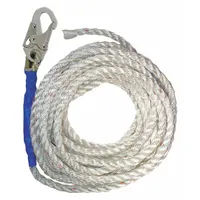 Polyester rope lifeline with steel snap hook and taped end. Rated for 310 lb capacity, supporting one worker per system. Designed for use with fall arresters and rope grabs in vertical fall protection applications