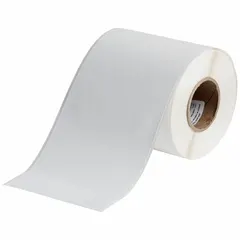 Thermal transfer continuous label roll measuring 4 in x 100 ft. White matte polypropylene material suitable for indoor and outdoor use. Inkjet print-receptive surface for on-demand labeling. Compatible with Brady J2000 printer series for industrial identification and asset tracking.