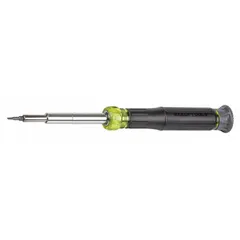 This security multi-bit screwdriver includes 14 tips in Hex, Phillips, Security Torx, and Slotted types. It has an overall length of 7 inches and features Phillips #00 and #0 sizes. Suitable for fastening and loosening screws in electrical, security, and general maintenance tasks.