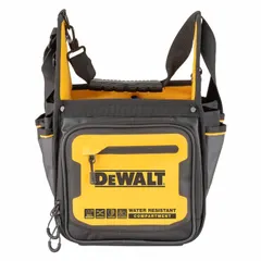 This DEWALT wide-mouth tool bag is constructed from yellow ballistic nylon for durability. It features 34 pockets for organized storage of hand tools, power tools, and accessories. Suitable for job site transport and storage by tradespeople such as electricians, plumbers, and maintenance technicians.