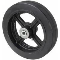 This wheel features a rubber tread bonded to an iron core, providing shock absorption and floor protection for material handling equipment. With an 8-inch diameter and 2-inch width, it supports a load rating of 600 lb. Suitable for carts, dollies, and other industrial applications requiring a standard-duty wheel