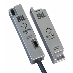 OMRON MA Series magnetically actuated safety interlock switch with 1NC contact configuration. Features a 9.84 ft cable with bare wire termination and no indicating light. Used to monitor movable guards on industrial machinery, interrupting power when a guard is opened.