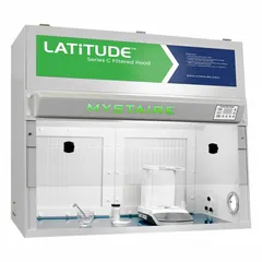 MYSTAIRE Latitude Series C light duty ductless fume hood, fully assembled with blower, base/stand, and work surface. Overall dimensions: 48 in width, 41 in height, 30 in depth. Suitable for laboratory and industrial applications requiring containment of low-hazard particulates and vapors.